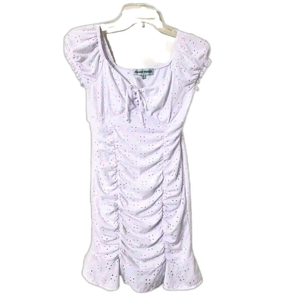 Almost Famous Juniors Sz M White Embroidered Eyelet Scrunched Dress Ruffle Lined